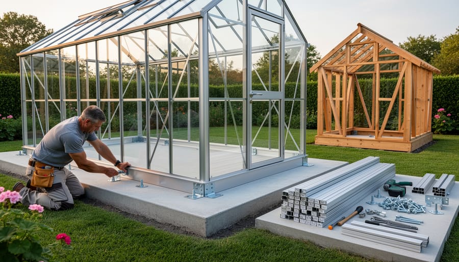 Greenhouse with steel frame mounted on concrete foundation in backyard setting