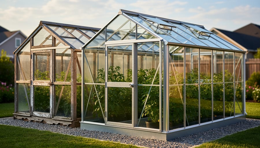 Close-up detail of aluminum greenhouse frame joint with transparent panels