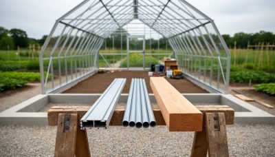 Aluminum extrusion, galvanized steel tube, and cedar beam on a wooden sawhorse in front of a partially assembled greenhouse frame, with blurred gravel bed and concrete footing in a garden setting under soft daylight.