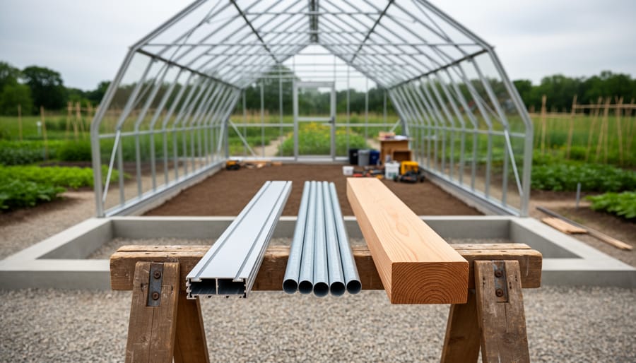 Aluminum extrusion, galvanized steel tube, and cedar beam on a wooden sawhorse in front of a partially assembled greenhouse frame, with blurred gravel bed and concrete footing in a garden setting under soft daylight.
