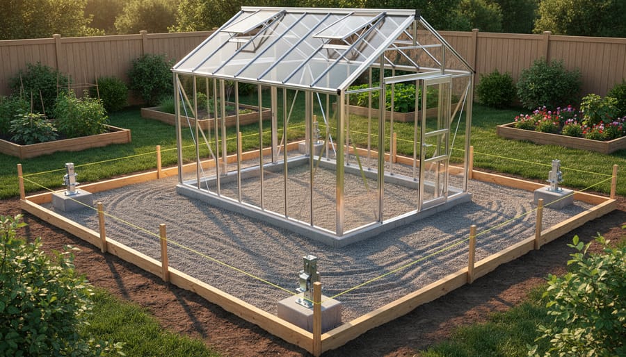 Aluminum-frame hobby greenhouse under construction on compacted gravel with timber edging, corner concrete piers and anchor brackets, stakes and level string lines in a backyard at golden hour.
