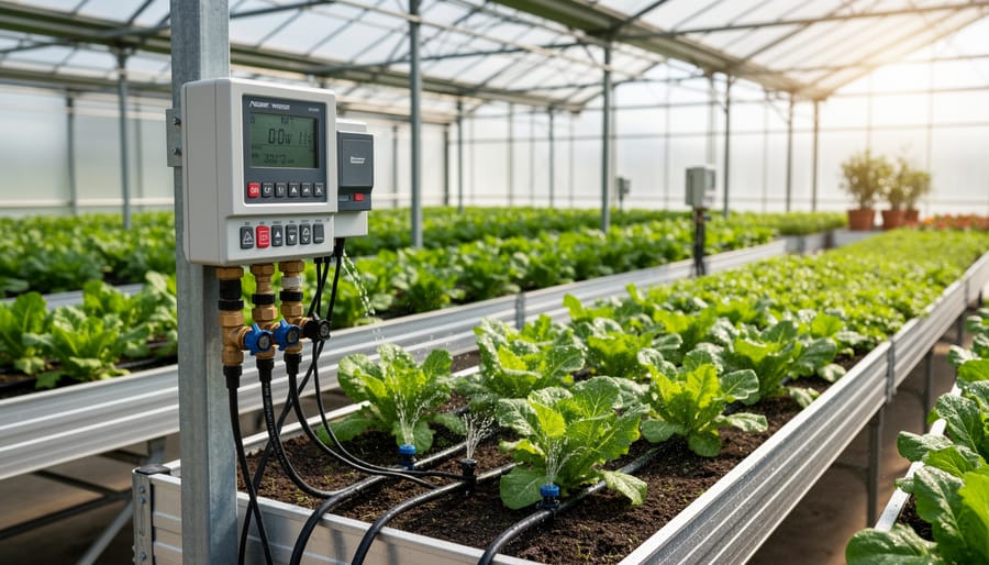 Hands programming digital timer for automated greenhouse watering system