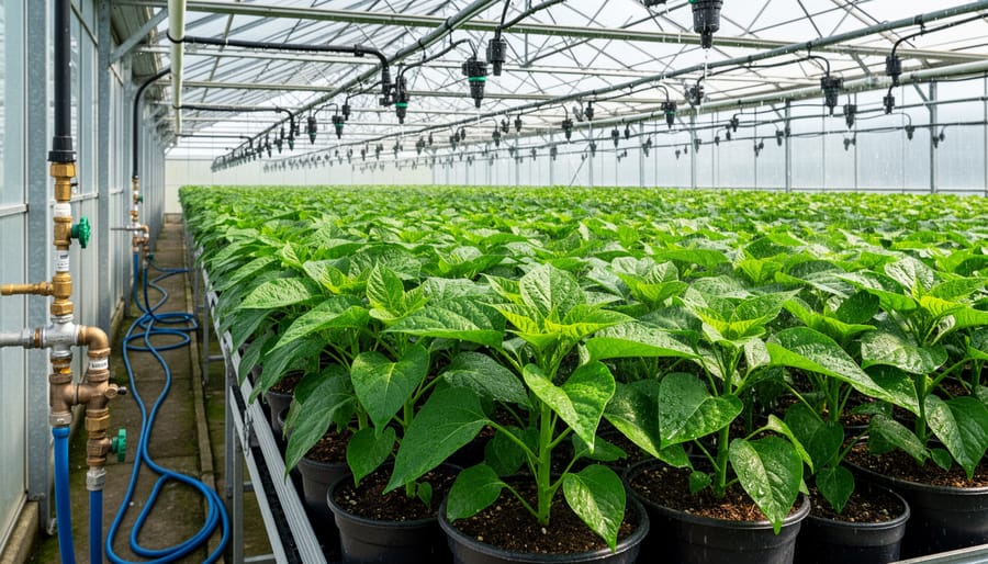 Rows of healthy thriving plants in well-watered greenhouse with rich soil