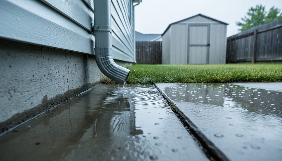 Ground-level view of rainwater pooling against a home’s concrete foundation beside a downspout, a faint crack along the nearby patio slab, and a slightly leaning backyard shed blurred in the background under overcast light.