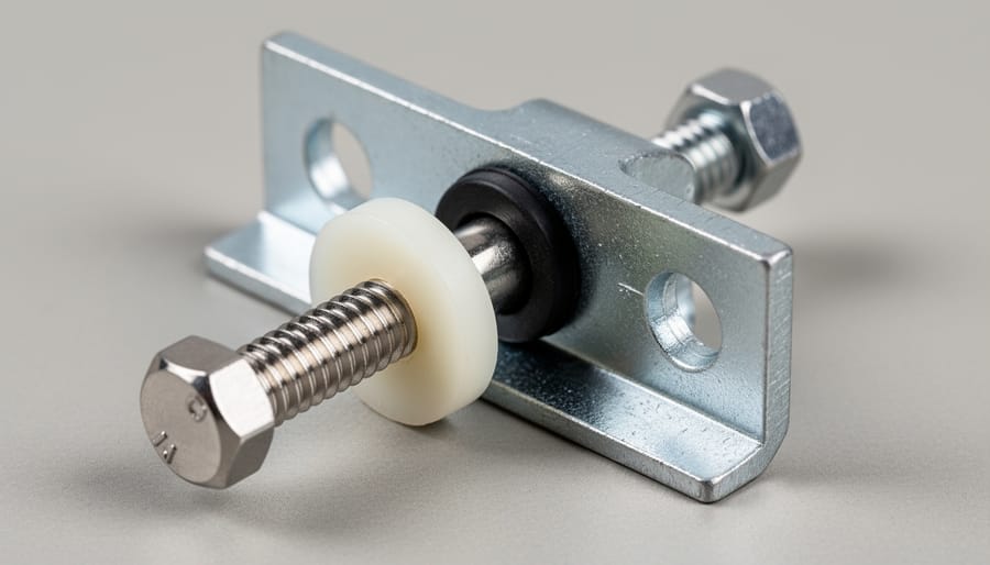 Close-up of fastener with isolation washer separating dissimilar metals on carport
