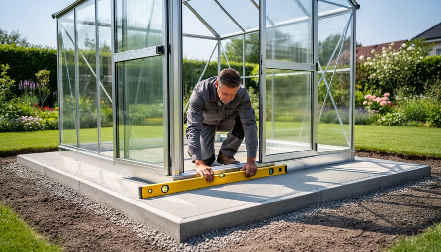 Construction worker checking level of concrete foundation with spirit level tool