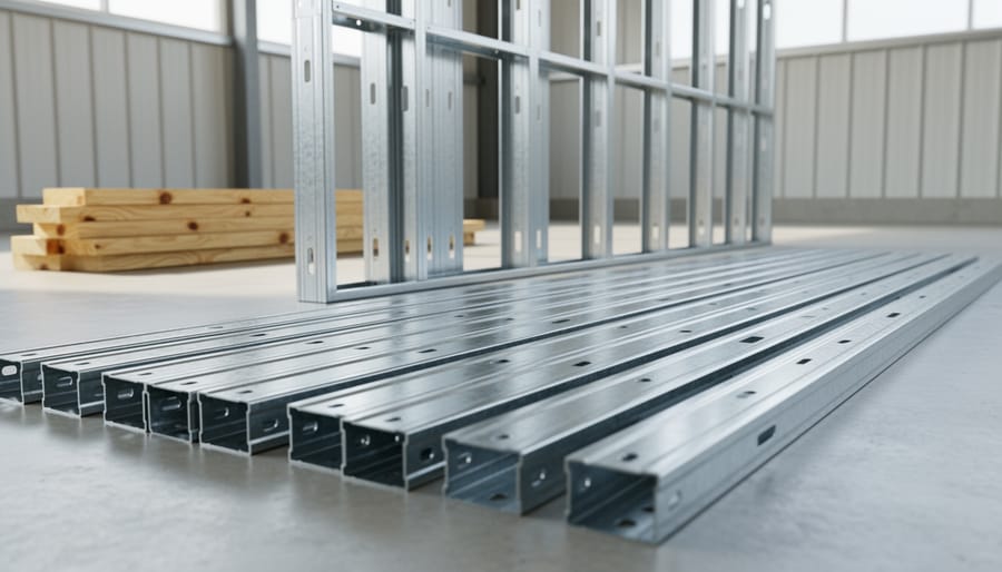 Close-up of light gauge steel framing studs showing their uniform C-channel construction
