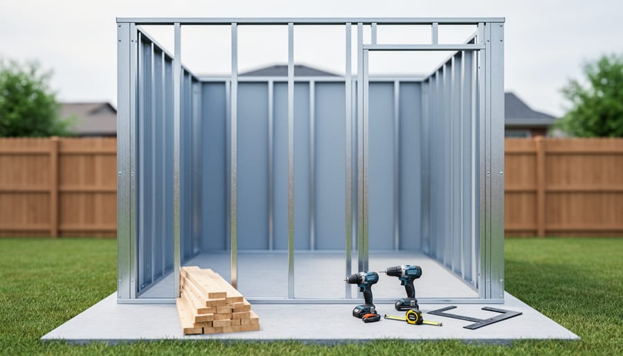 Partially built backyard shed with light gauge galvanized steel stud framing on a concrete pad, small stack of lumber and tools in the foreground, and softly blurred lawn, trees, and fence in the background under bright overcast light.
