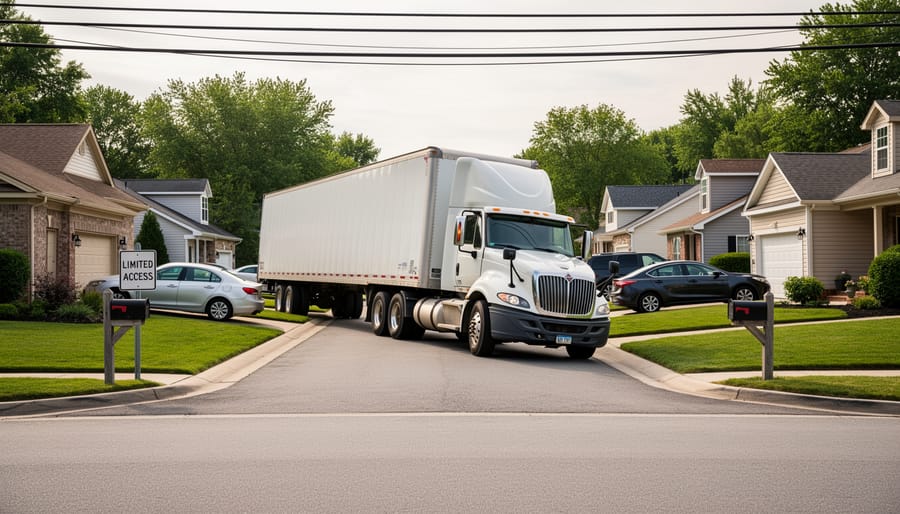Semi-truck attempting to navigate narrow residential street with limited clearance