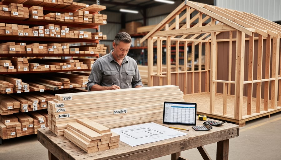 Stacked dimensional lumber at lumber yard showing material costs