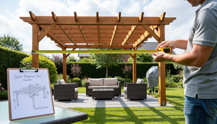 Person measuring pergola beam with tape measure for rain cover sizing