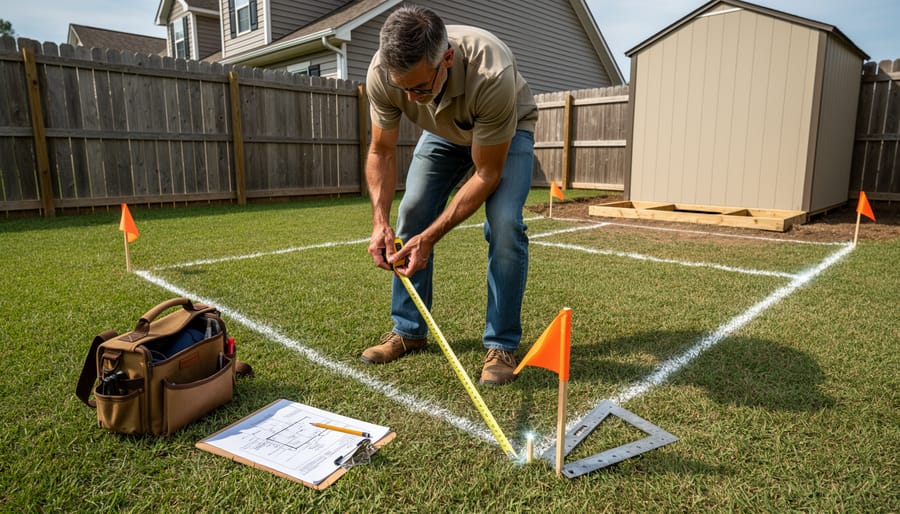 Homeowner measuring and marking shed placement boundaries in backyard with stakes and tape