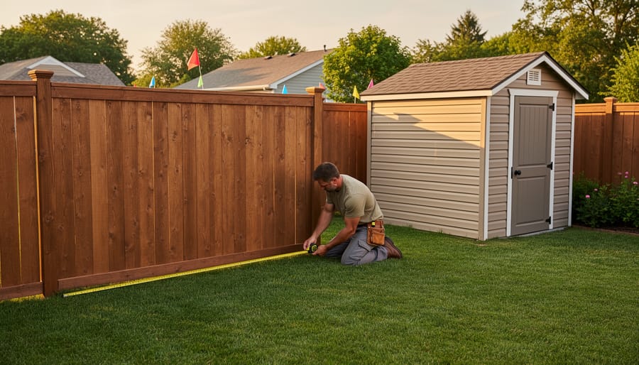 Homeowner kneeling in a suburban backyard measuring from a wooden privacy fence to a small garden shed with a yellow tape measure at golden hour, with neighboring house, lawn, and trees in the background.