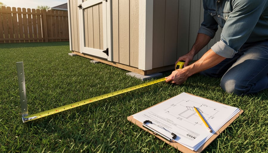 Measuring tape showing dimensions on wooden shed foundation