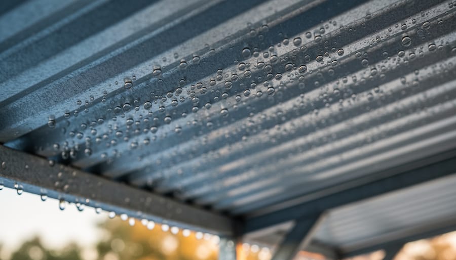 Water droplets condensed on underside of metal carport roof panel