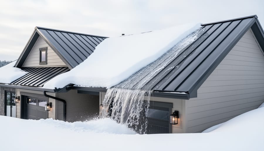 Close-up of metal roof panels with snow and ice sliding off steep pitched surface