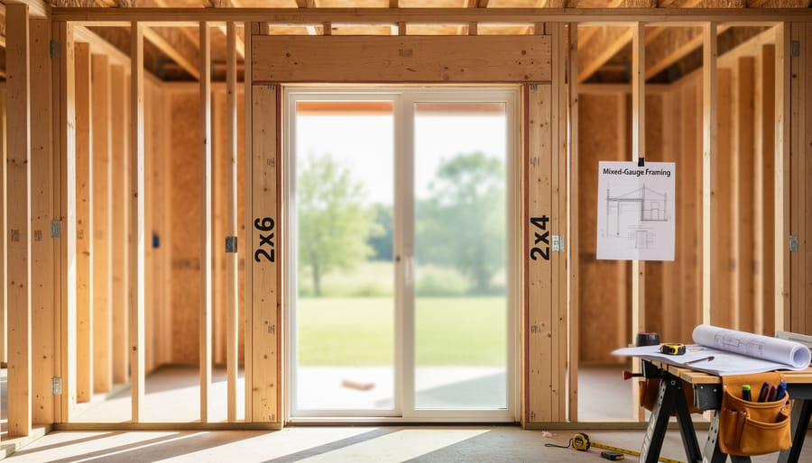 Carpenter installing different lumber sizes showing mixed-gauge framing technique