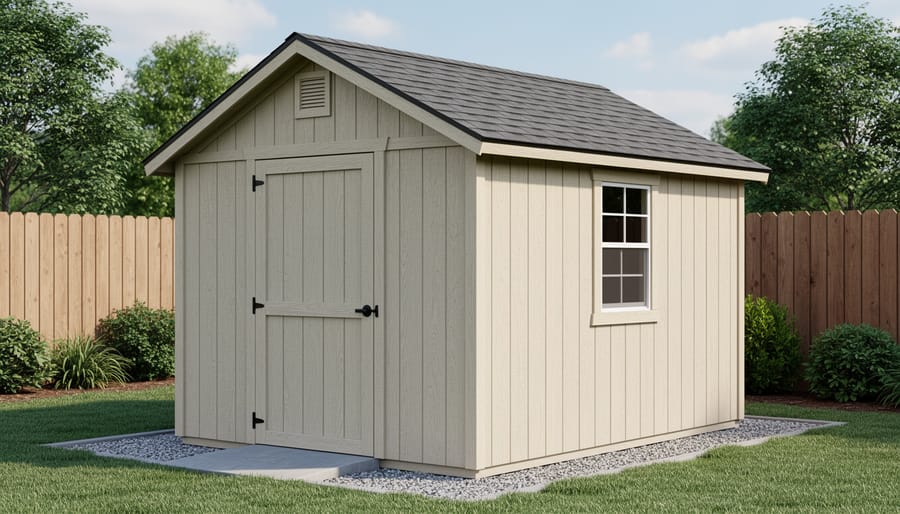 Small wooden storage shed in residential backyard near property fence
