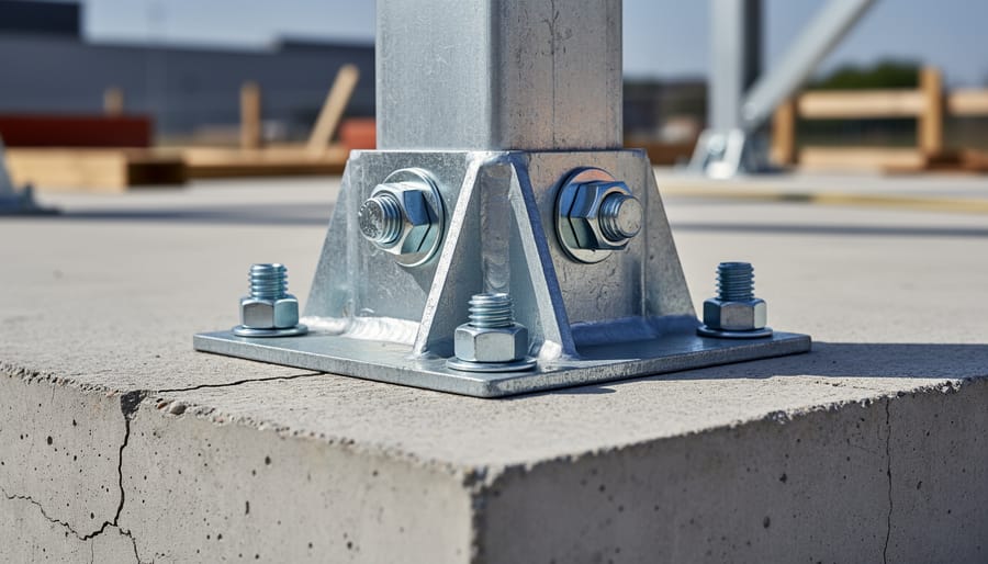 Close-up of metal anchor bolt and bracket securing pergola post to concrete foundation