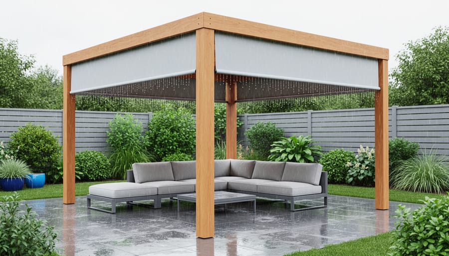 Modern backyard pergola with a waterproof retractable canopy shedding rain, keeping the lounge seating beneath dry, with wet patio and garden visible under an overcast sky.