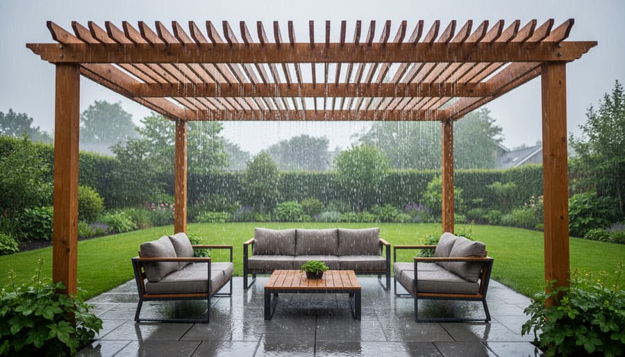 Rain falling through open slats of traditional pergola onto wet patio furniture