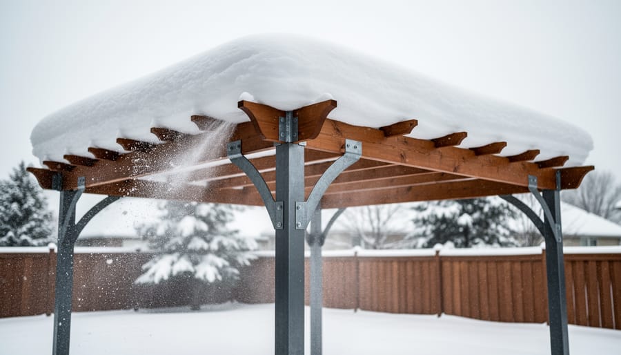 Pergola with snow accumulation on roof demonstrating winter weather load capacity
