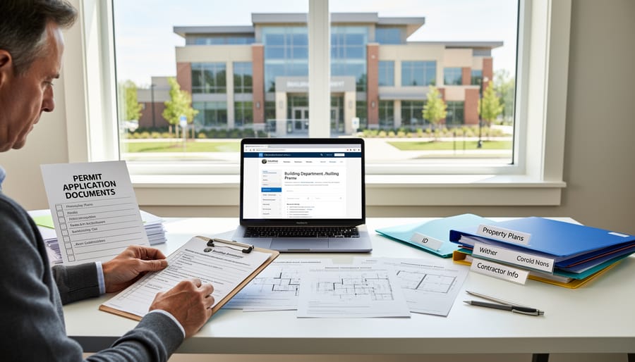 Homeowner reviewing permit documents and manufacturer certifications at home
