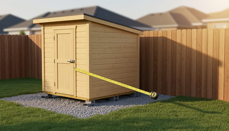 Portable wooden shed on skids over a gravel pad with a yellow tape measure extending from the shed corner to a wooden privacy fence, in warm late-afternoon light with a suburban yard and house roofline softly blurred in the background.