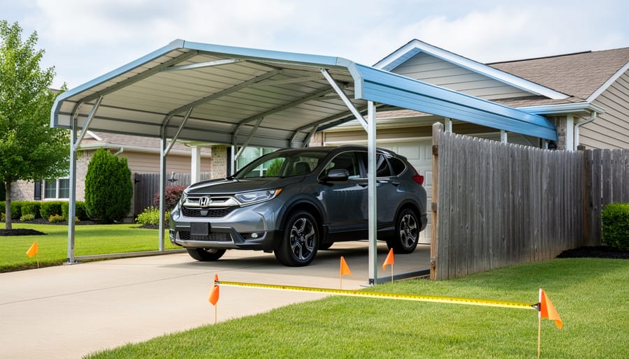 Metal portable carport with reinforced trusses covering an SUV in a suburban driveway, measuring tape stretched from a wooden fence and orange survey flags marking setbacks, with a house and lawn in the background under overcast daylight.