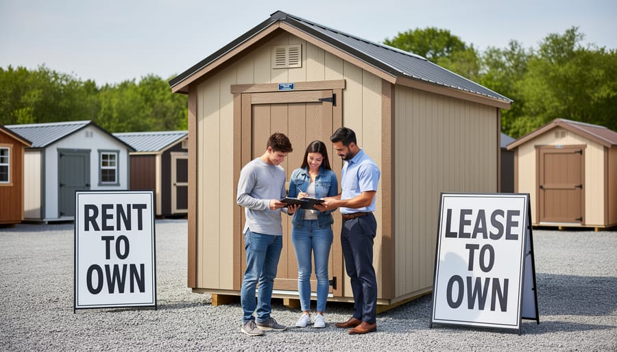 Two portable storage sheds displayed in a residential backyard setting