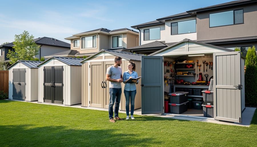 Wooden storage shed in residential backyard setting