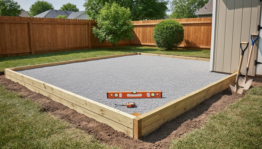 Level gravel foundation pad prepared for shed installation with corner stakes