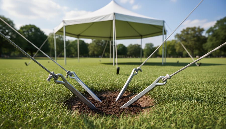 Close-up of ground stake properly driven at angle securing canopy tent leg