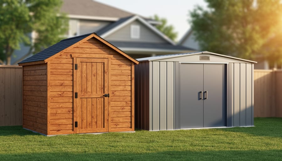 Two portable storage sheds—one wooden and one metal—positioned side-by-side in a suburban backyard with the home and trees softly blurred behind.