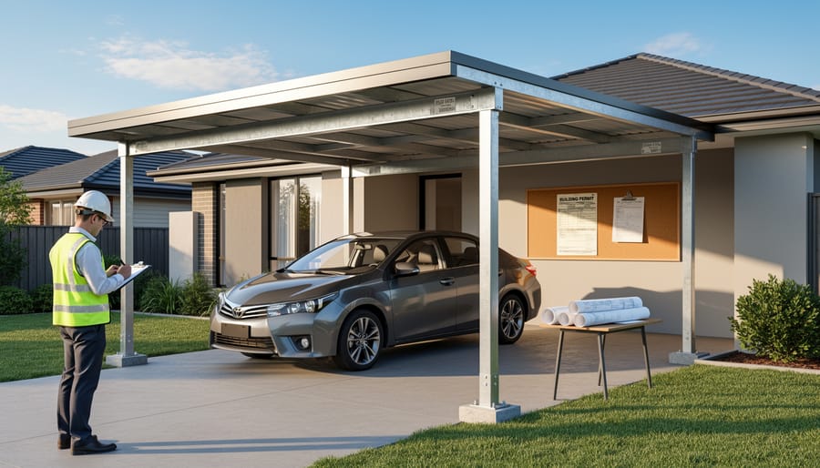 Metal carport structure installed in residential driveway with house in background
