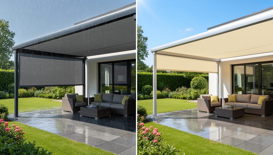Pergola with retractable fabric canopy extended over outdoor seating area