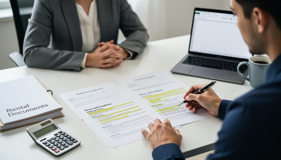 Person reviewing rental contract document with calculator on desk