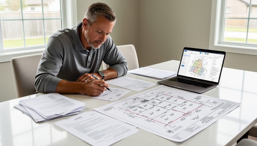 Person reviewing property survey documents and zoning maps at desk