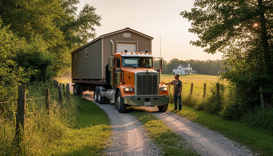 Semi-truck stopped at narrow rural driveway entrance showing delivery access challenges