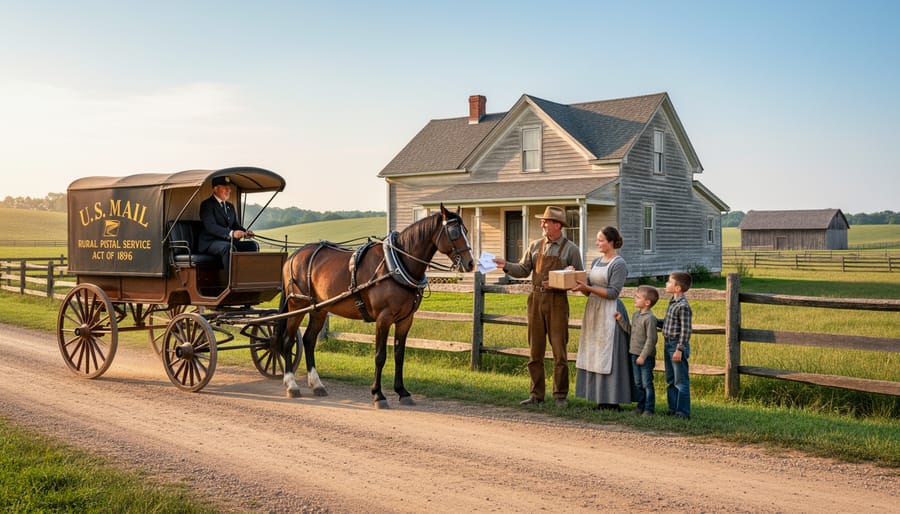 Historical photograph of rural mail carrier delivering to farmhouse mailbox in early 1900s