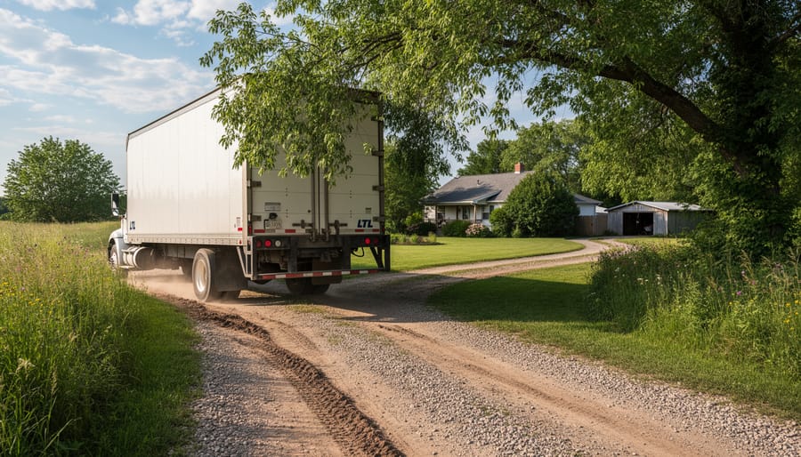 Narrow unpaved rural driveway with overhanging trees and challenging terrain