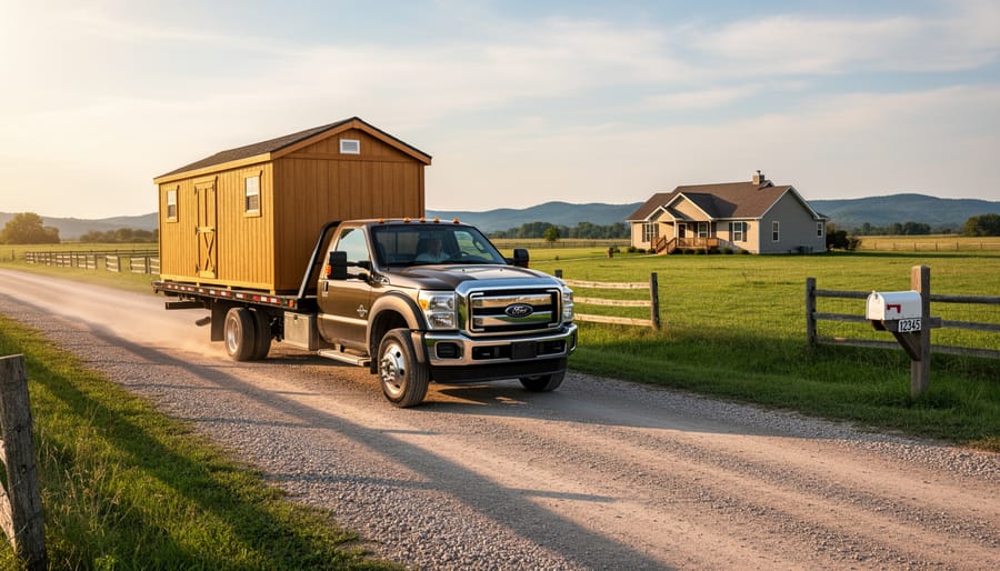 Flatbed truck transporting a wooden storage shed on a rural gravel road toward a farmhouse, with a mailbox, pasture, fence line, and distant hills in warm golden hour light.