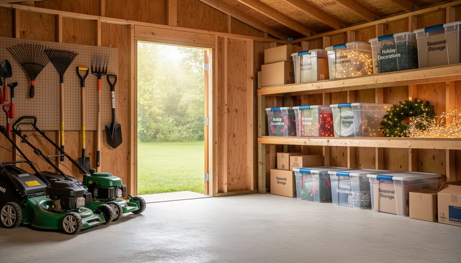 Homeowner organizing seasonal equipment and tools inside storage shed
