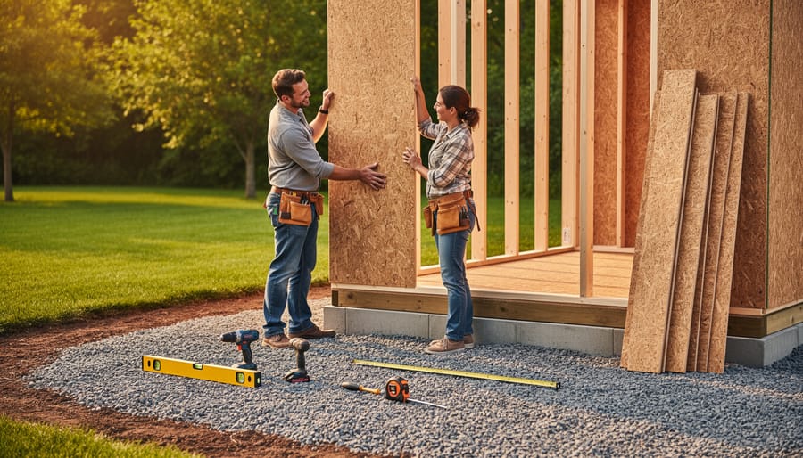 Partially assembled backyard shed on a level gravel foundation with tools arranged in the foreground and two people aligning a wall panel at golden hour; cleared perimeter and stacked panels softly blurred in the background.