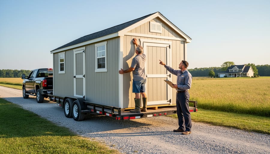 Homeowner inspecting newly delivered storage shed in rural backyard with delivery truck nearby