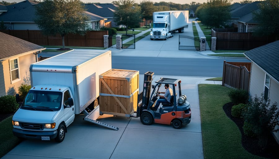 Forklift unloading a crated wooden shed from a small box truck onto a narrow suburban driveway, with a long semi-truck waiting near a gated entrance, illustrating limited access delivery.