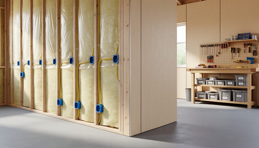 Eye-level view of a partially finished shed interior with studs, clear vapor barrier, fiberglass insulation, and blue electrical boxes, beside a wall finished with smooth plywood; natural daylight and an organized workbench and shelves in the background.