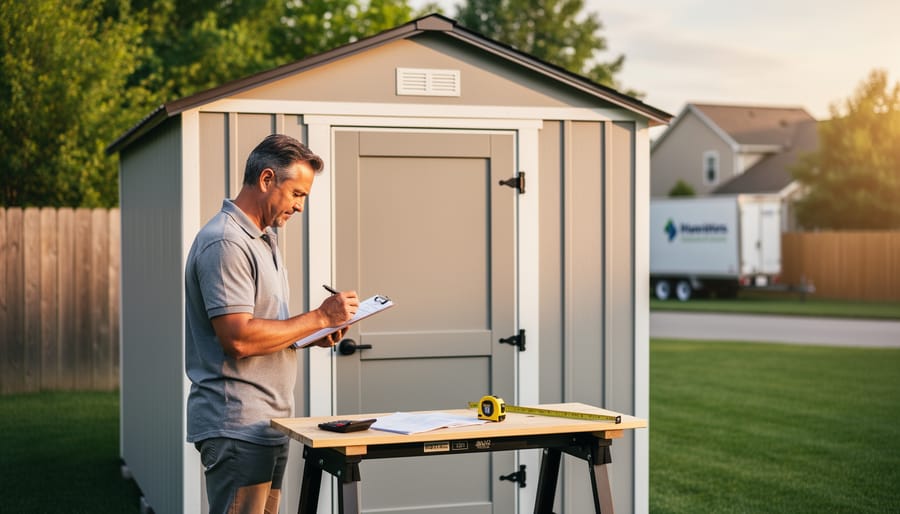 Homeowner standing beside a portable storage shed in a suburban backyard, reviewing a clipboard with a calculator on a workbench at golden hour, with a blurred fence, trees, and unbranded delivery trailer in the background.