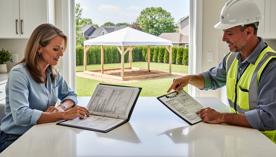 Homeowner reviewing building permit documents for backyard structure