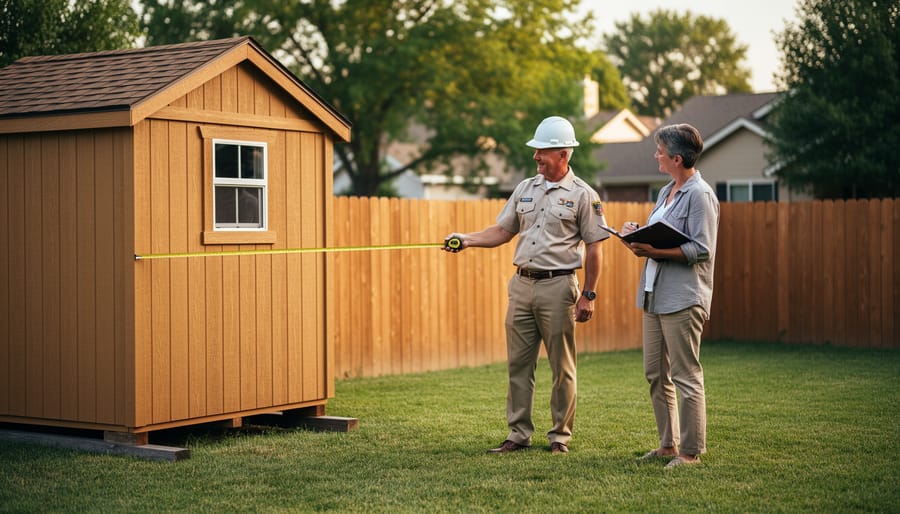Building inspector measuring setback distance to a wooden shed on skids in a suburban backyard while the homeowner observes, with fence, trees, and neighboring houses softly blurred in the background